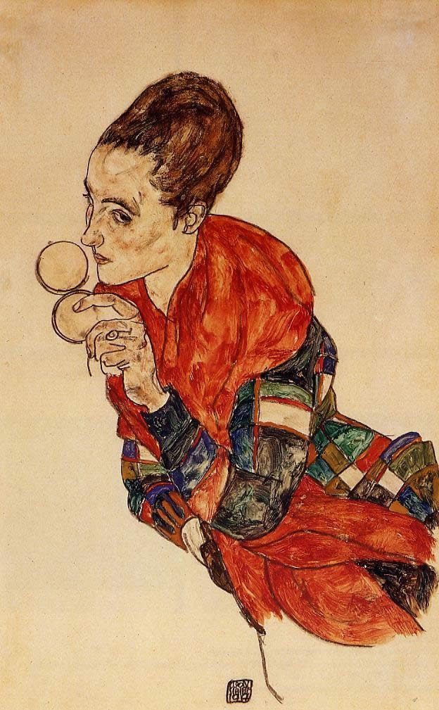 Egon Schiele Standing Girl in Plaid Dress Painting | Best Paintings For Sale